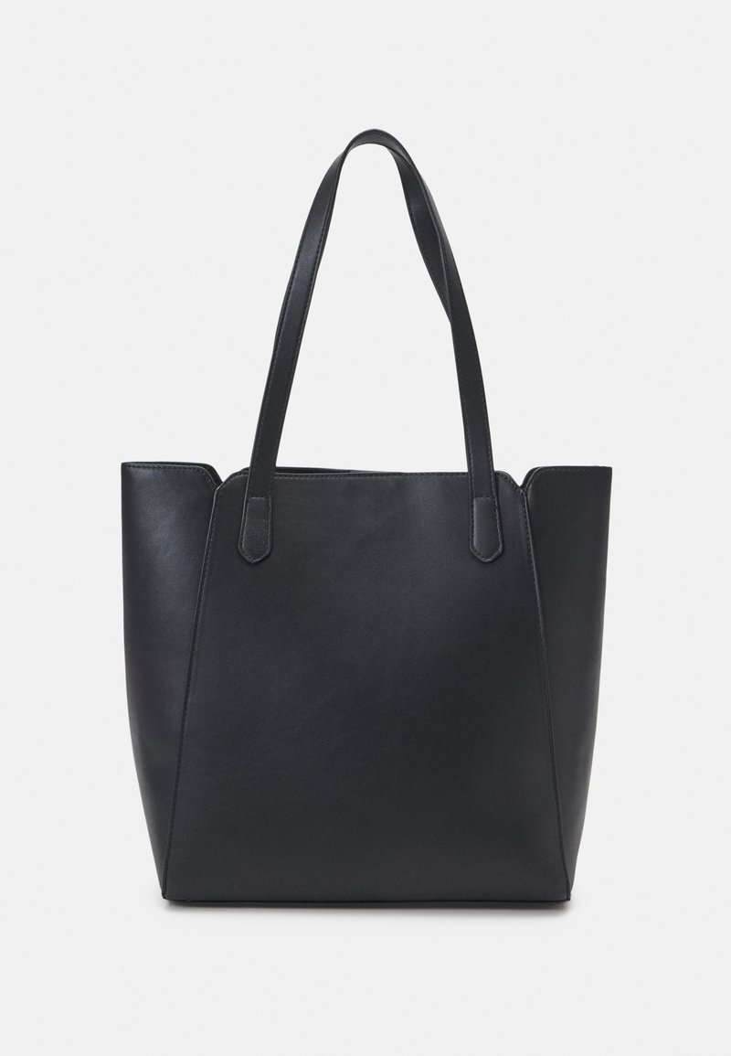 Black leather tote bag with two long straps and a structured shape, featuring smooth texture and minimalistic design without visible hardware.