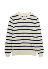 Sweter typu pulower w paski w kolorze granatowym i kremowym, z okrągłym dekoltem, długimi rękawami i ozdobnymi guzikami na ramieniu. Miękka faktura.