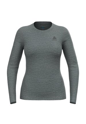 Gray long-sleeve athletic top made of smooth fabric, featuring a round neckline and a small logo on the left chest area.