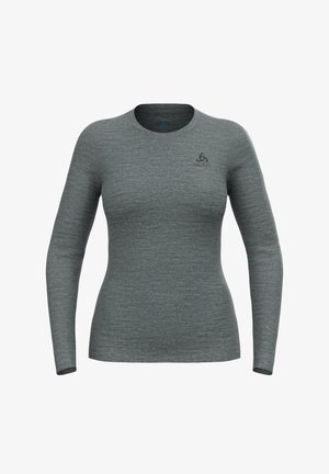 Gray long-sleeve athletic top made of smooth fabric, featuring a round neckline and a small logo on the left chest area.