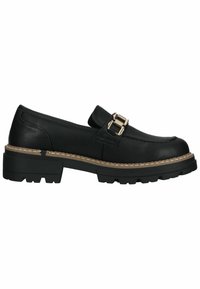 Chaussure en cuir noir à enfiler avec une semelle épaisse et rainurée, des boucles décoratives dorées et des coutures contrastées autour de la semelle.