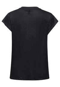 Svart kortärmad topp i ett mjukt, texturerat tyg. Avslappnad, lös passform med rundad halsringning och utan synliga knäppningar.