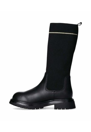 Stivali neri alti fino al ginocchio con una parte inferiore in pelle liscia e una parte superiore in maglia a contrasto con una striscia dorata. Suola in gomma spessa.