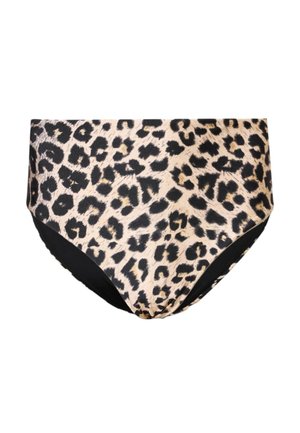 Dół bikini z wysokim stanem w beżowo-czarny wzór lamparci oraz czarne boczne panele, zaprojektowany na strój kąpielowy.