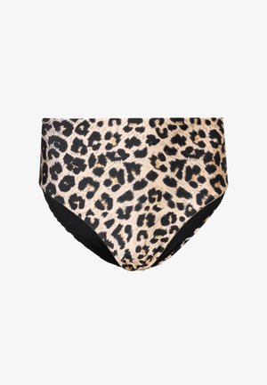 Dół bikini z wysokim stanem w beżowo-czarny wzór lamparci oraz czarne boczne panele, zaprojektowany na strój kąpielowy.