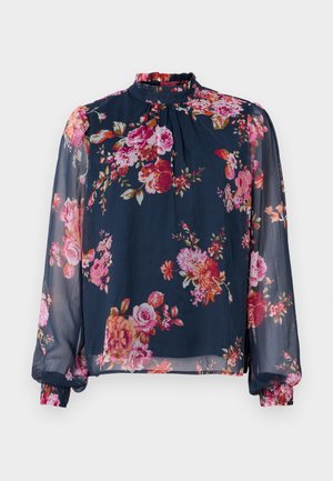 Floral blouse with long, sheer sleeves; navy base color with pink and orange flowers; high neckline and gathered cuffs at the wrists.