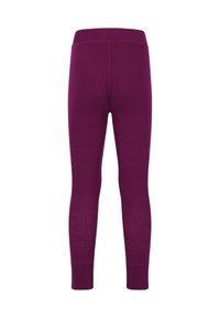 Paarse lange onderbroeken leggings voor kinderen met elastische tailleband en omgeslagen enkels, van achteren weergegeven op een witte achtergrond.