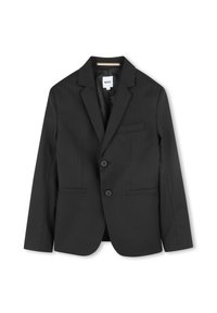 Črn blazer s črtami, enojno zapenjalo, zareznimi reverji, dvema sprednjima žepoma, dvema gumboma, gladka tekstura, popolnoma podložen notranji del.