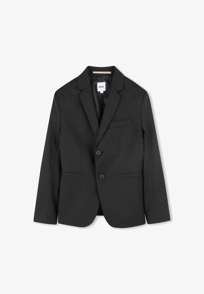 Črn blazer s črtami, enojno zapenjalo, zareznimi reverji, dvema sprednjima žepoma, dvema gumboma, gladka tekstura, popolnoma podložen notranji del.