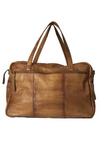 Brązowa skórzana torba podróżna z dwoma solidnymi uchwytami, przednią kieszenią na zamek błyskawiczny oraz teksturowaną powierzchnią podkreślającą naturalne wzory ziarna.