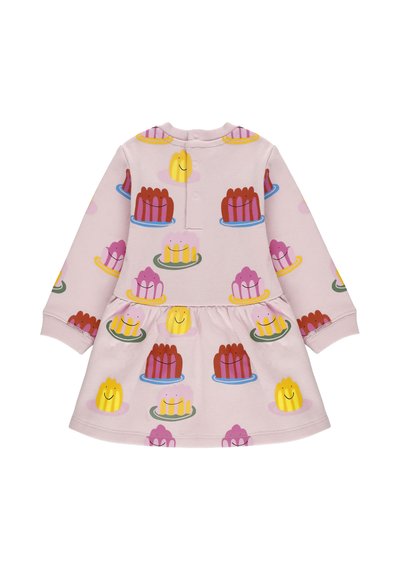 Abito a maniche lunghe in morbido tessuto rosa pallido con motivi di dolci colorati, tra cui gelatine e faccine sorridenti, con gonna arricciata e chiusura a bottoni.