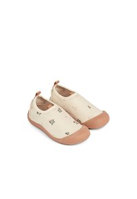 Heledad kreemjas libisemiskindlad kingad lillemustriga, roosad kummist tallad ja tekstuuriga äär. Varustatud kontsas olevate silmusdetailiga mugavaks kandmiseks.