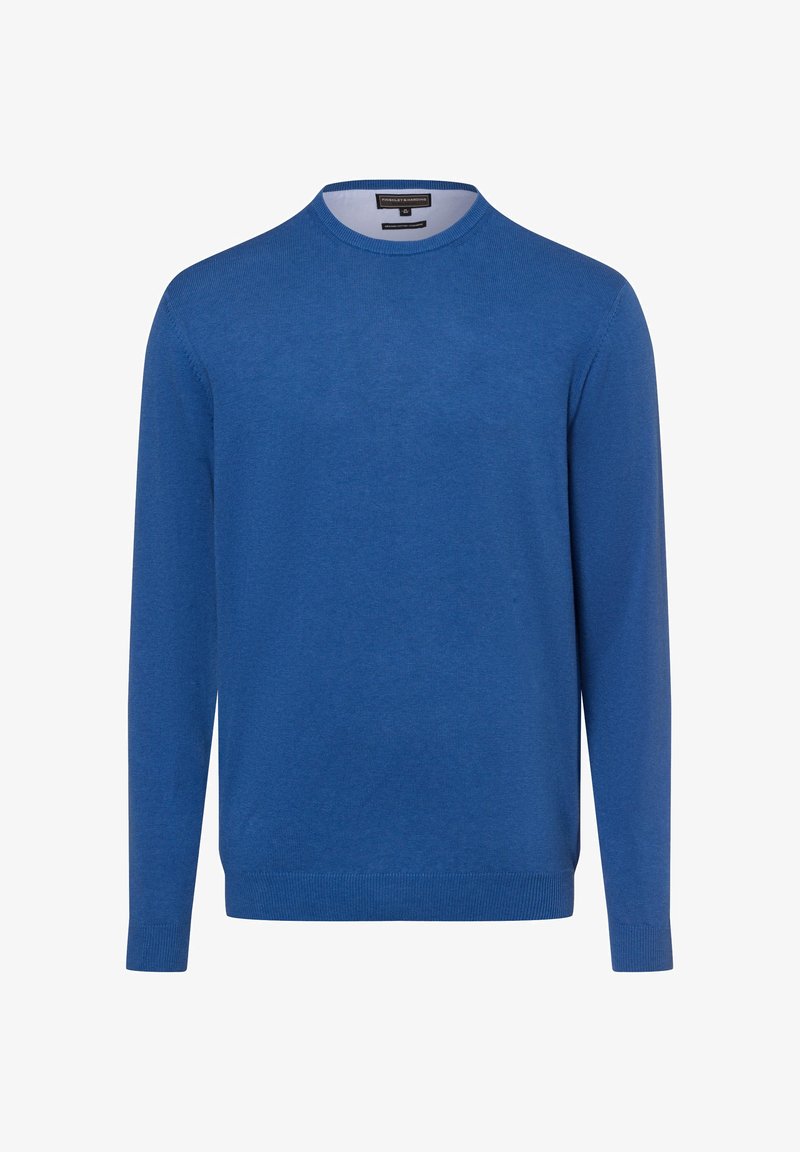 Blauwe ronde hals trui gemaakt van zachte stof. Heeft lange mouwen en geribbelde manchetten. Eenvoudig ontwerp met een gelijkmatige textuur. Geen patronen of accenten.