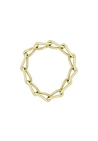 Pulsera de cadena en tono dorado con eslabones ovalados entrelazados, textura suave y un cierre seguro. Diseño minimalista con una estética moderna.