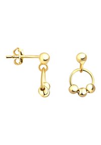 Guldörhängen med en postdesign som har tre små sfärer, där två är sammanlänkade med en ögla, och en cirkulär båge med tre sfärer.