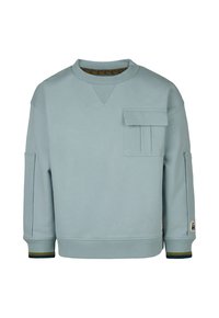 Hellblaues Sweatshirt mit Rundhalsausschnitt, vorderer aufgesetzter Tasche, gerippten Bündchen und strukturiertem Halsdetail. Weiches Material mit lockerer Passform.