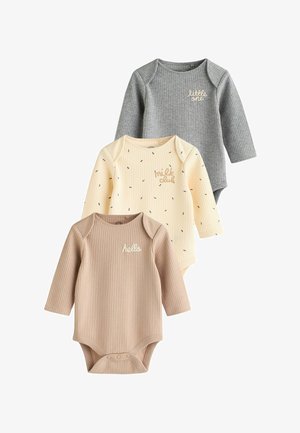 Tre body a manica lunga in tessuto a costine. Colori: grigio con "little one", giallo con spruzzi e "milk club", beige con "hello".