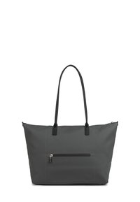 Grijze totebag met een gladde textuur, twee zwarte handvatten en een voorkant met ritscompartiment. Bevat minimale stikdetails aan de zijkanten.