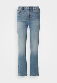 Jeans in denim blu chiaro con design a gamba dritta, dotati di chiusura con bottone, cinque tasche e un leggero sbiadimento uniforme.