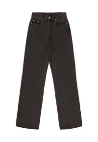 Dunkelblaue Jeans mit weitem Bein, fünf Taschen und kupferfarbenen Beschlägen. Die Stoffstruktur ist weich mit einem leichten Glanz.