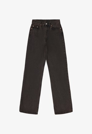 Dark denim jeans with a wide-leg silhouette, five pockets, and copper hardware. The fabric texture is soft with a slight sheen.