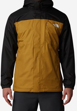 Herren zweifarbige wasserdichte Jacke in Senfgelb und Schwarz mit Frontreißverschluss, Kapuze und The North Face-Logo auf der Brust.