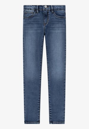 Donkerblauwe denim jeans met een slim fit, voorzien van vijf zakken, een knoop- en ritsluiting en zichtbare stiksels op de naden.
