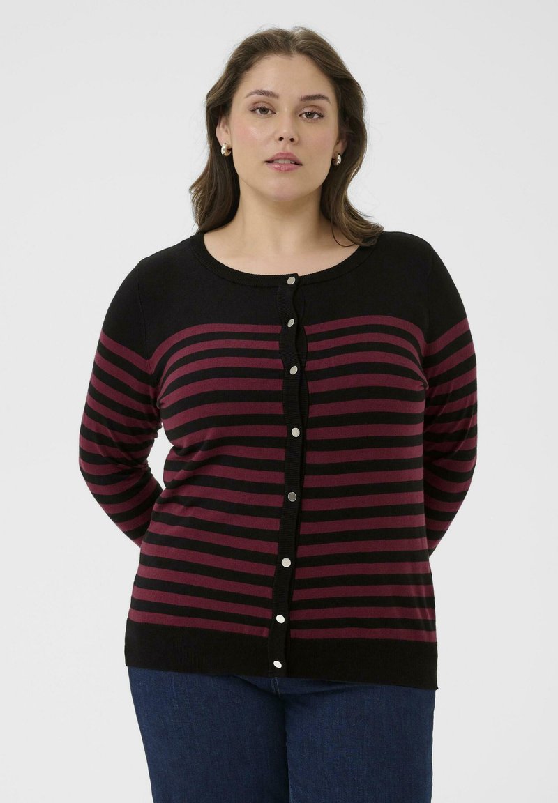 Cardigan a righe nere e bordeaux, con scollatura tonda, chiusura a bottoni e texture del tessuto morbida. Vestibilità leggermente rilassata.