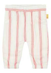 Pantalons en coton avec des rayures verticales roses sur un fond texturé blanc. Taille élastique et deux poches latérales.