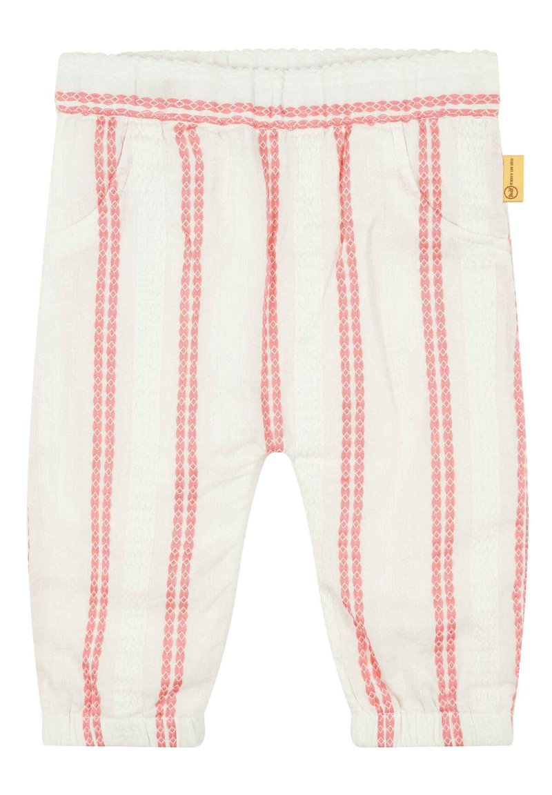 Pantalons en coton avec des rayures verticales roses sur un fond texturé blanc. Taille élastique et deux poches latérales.