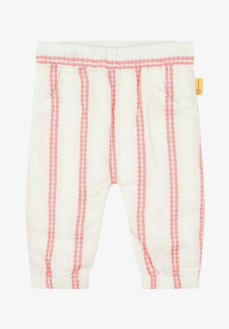 Bavlněné kalhoty s růžovými vertikálními pruhy a texturovaným bílým pozadím. Elastický pasek a dvě boční kapsy.