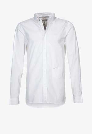 Camicia bianca a maniche lunghe con bottoni, realizzata in cotone morbido. Presenta un colletto appuntito, tasca frontale e un piccolo logo sul taschino.