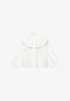Bílá bavlněná blůza s velkým límcem z broderie anglaise, dlouhými nabíranými rukávy a texturovanou tkaninou. Obsahuje dvě přední kapsy.