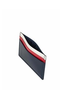 Portafoglio in pelle navale con tre scomparti, caratterizzato da accenti rossi e bianchi. Texture liscia con cuciture a contrasto lungo i bordi.
