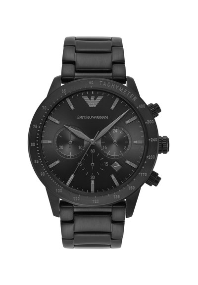 Schwarze Emporio Armani Metallarmbanduhr mit Tachymeter-Lünette, Chronographen-Unterzifferblättern, Datumsfenster bei 4 Uhr und silberfarbenen Stundenmarkierungen und Zeigern.