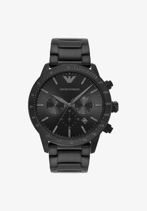 Orologio cronografo in acciaio inossidabile nero con quadrante nero, accenti argentati, scala tachimetrica e finestra della data. Design del bracciale fluido.