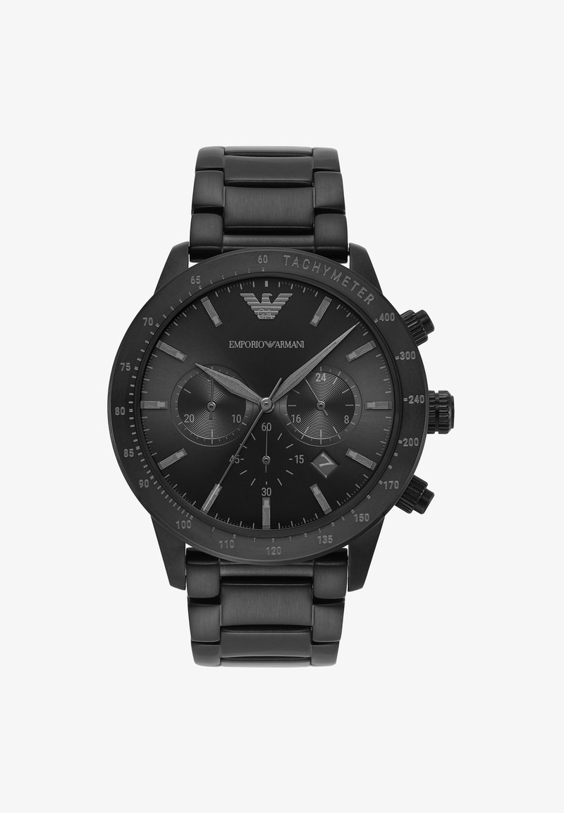 Fekete rozsdamentes acél kronográf óra fekete számlappal, ezüst részletekkel, tachiméter skálával és dátumablakkal. Simán ívelt karkötő kialakítás.
