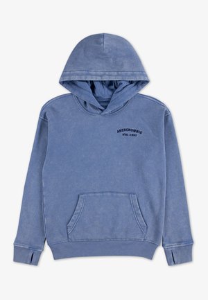 Μπλε φούτερ με κουκούλα και μπροστινή τσέπη, με ριμπ μανσέτες και τελείωμα, διαθέτει ξεθωριασμένη υφή και ένα μικρό μαύρο λογότυπο στο στήθος.