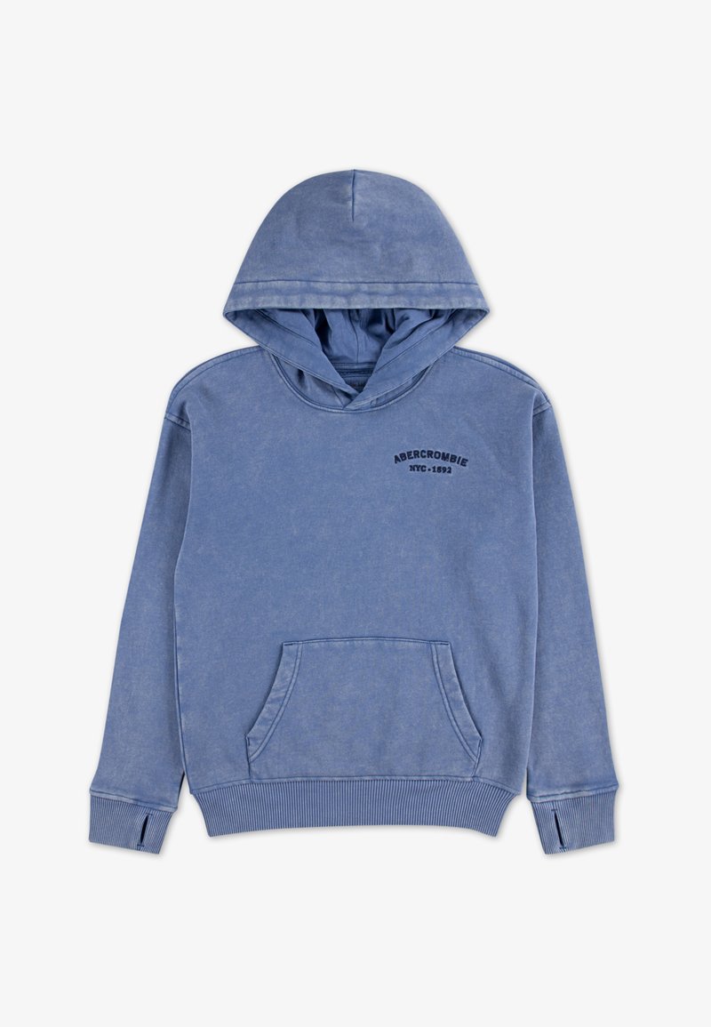 Μπλε φούτερ με κουκούλα και μπροστινή τσέπη, με ριμπ μανσέτες και τελείωμα, διαθέτει ξεθωριασμένη υφή και ένα μικρό μαύρο λογότυπο στο στήθος.