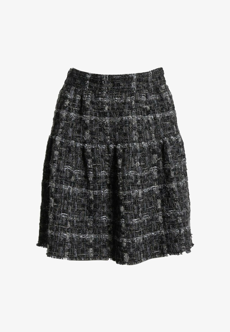 Jupe en tweed noire et grise longueur genou avec un motif à carreaux texturé et une taille froncée.