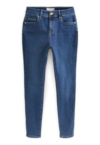 Jeans subțiri din denim albastru, cu un design clasic cu cinci buzunare, închidere cu buton metalic de culoare aurie și o textură netedă, ușor estompată.