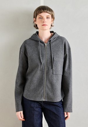 Gray zip-up hoodie featuring a front pocket, drawstring hood, and long sleeves. Made from soft fabric with a relaxed fit.