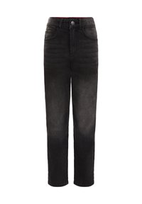 Svarta denimjeans med rak skärning, utrustade med knäppning, traditionell femficksdesign och en blekt finish längs benen.