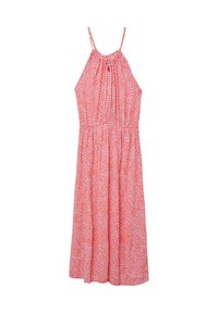 Rosa Blumenkleid mit dünnen Trägern, elastischem Taillenband und gerafftem Oberteil. Verfügt über kleine weiße und dunkelrosa Muster auf einem leichten Stoff.
