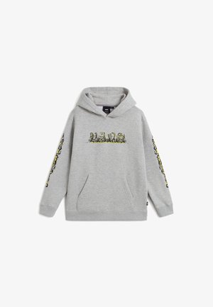 Light gray hooded sweatshirt with yellow and black flame-style "Vans" logo on chest and flames running down both sleeves.