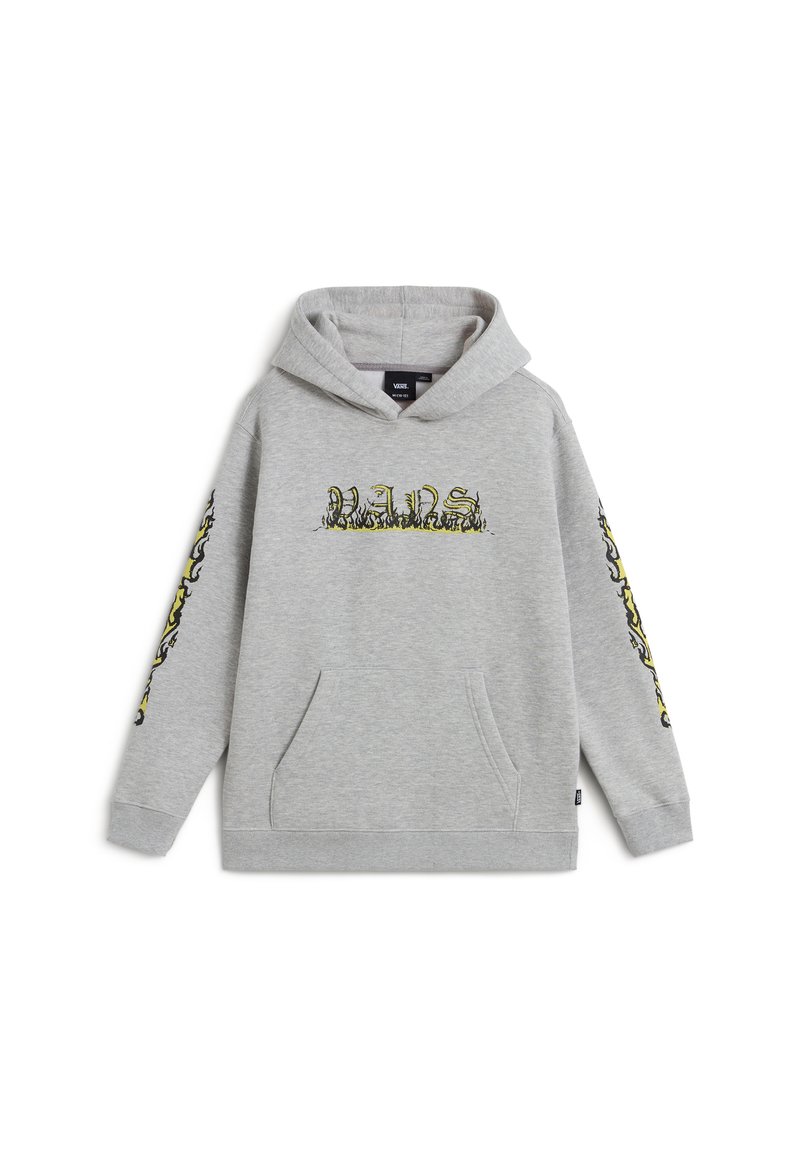 Světle šedá mikina s kapucí s žlutočerným plamenovým logem "Vans" na hrudi a plameny běžícími oběma rukávy.