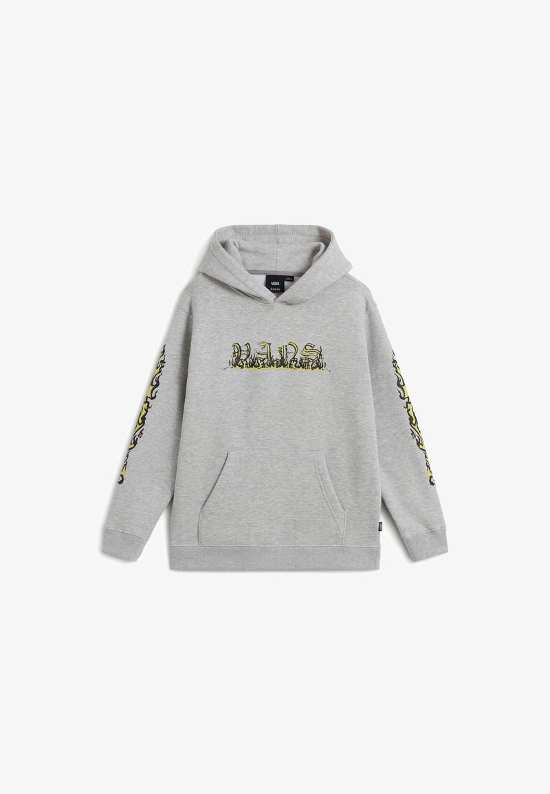 Sudadera con capucha de color gris claro con un logo "Vans" en estilo de llamas amarillas y negras en el pecho, y llamas que recorren ambas mangas.