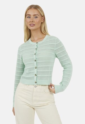 Giovane donna che indossa un cardigan verde menta a maglia aperta con bottoni e pantaloni a vita alta color avorio, posando con una mano sui fianchi.