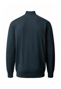 Dunkelblauer Pullover mit hohem Kragen, langen Ärmeln und gerippten Bündchen. Glatte Textur und minimalistisches Design ohne sichtbare Markenkennzeichnung oder Muster.
