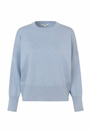 Light blue pullover sweater with a ribbed texture, round neckline, and dropped shoulders. Soft fabric, featuring long sleeves and a straight hem.